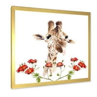 DesignArt 'Портрет на жирафа со црвени цвеќиња I' Farmhouse Rramed Art Print
