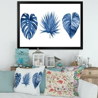 DesignArt 'Тропски лисја во класичното сино' тропско врамено уметничко печатење