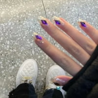 Лажни Нокти Целосна Покривка Дијамант Виолетова Француски Лажни Нокти Краток Квадрат