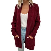 Кардиган за жени со средна тежина есенски зимски кабел плетејќи отворени предни кардигани со џебови пријатна топла палто за