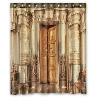 Хиндуистички Храм Со Столбови Скулптури Од Дрвена Врата Водоотпорен Полиестерски Туш Завеса И Куки За Домашен Декор