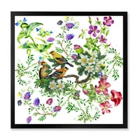 DesignArt 'Тропски птици кои седат на цветно дрво' Традиционално врамено уметничко печатење