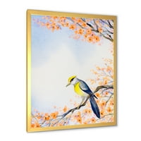 Прекрасна сина птица што седи на цветни гранки II врамени сликарски платно уметнички принт
