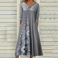 Летен Фустан Модни Жени Летно Печатење Каузално V-Вратот 1 2 Ракави Џебови За Одмор Фустан Со Копчиња Секојдневен Фустан Со