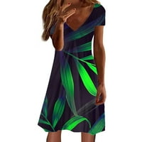 Дами кратки ракави случајни V вратот цветни печатени фустан обичен фустан женски обичен фустан зелен XL