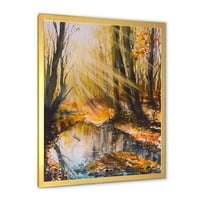 DesignArt 'Светло сонце низ езерската куќа на кафеавите шумски дрвја, врамени уметнички принт