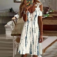 Летни Фустани За Жени Краток Ракав Печатени Мода Мини V-Вратот Фустан Бела 2XL