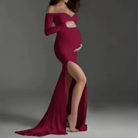 Womenените бремени фотографираат реквизити на рамената против вратот долг породилен фустан